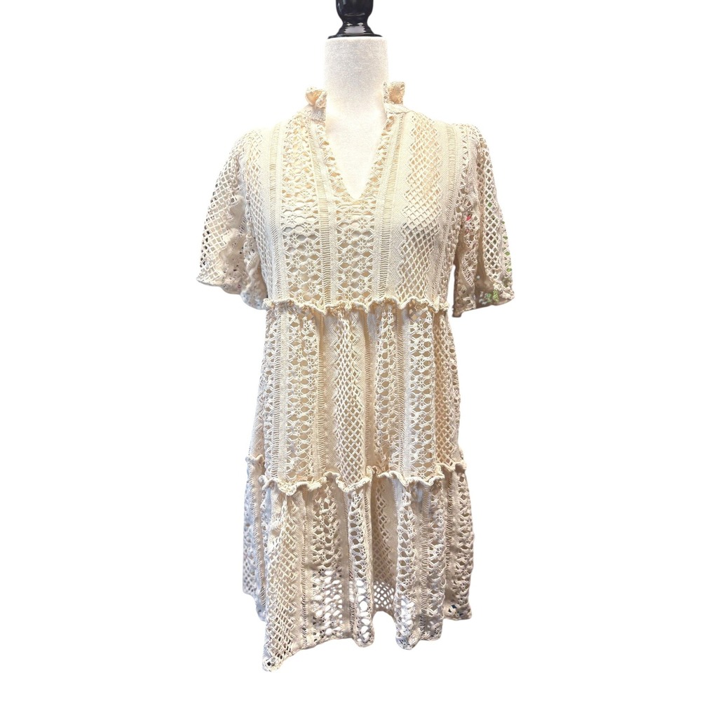 Tuckernuck Crochet Lace Tiered Mini Dress V-Neck Ruffle Boho Short Sleeve Size S
